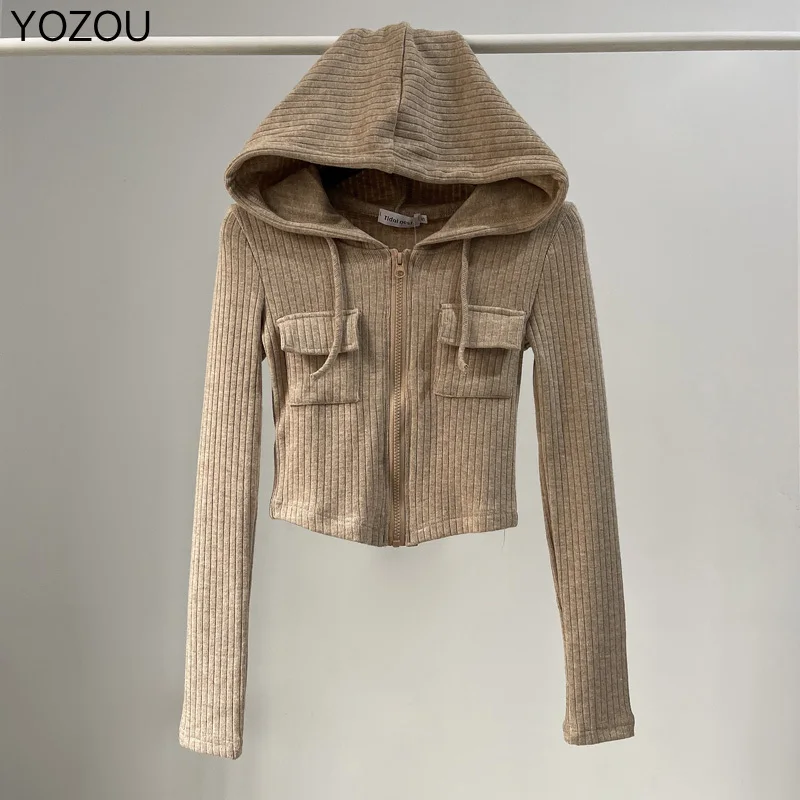 YOZOU Winter Autumn Vintage Knitwear Sweater Slim Bodycon Crop Hooded Knitted Cardigan Zipper Coat Women Girls Black Blue Tops