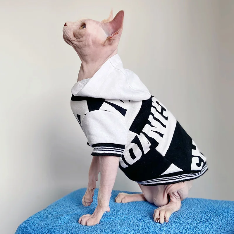 Fashion Hooded Coat for Sphynx Cat Black White Letters Velvet Sweatshirt for Male Cat Short sleeves Soft Jacket for Kittens