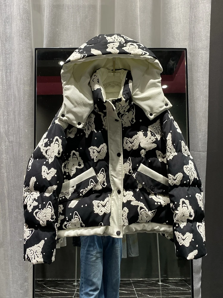 

Winter Short Hooded Print Butterfly Parker Down Jacket Female Zipper Warm Thick Outwears Women White Duck Down Patchwork Jackets
