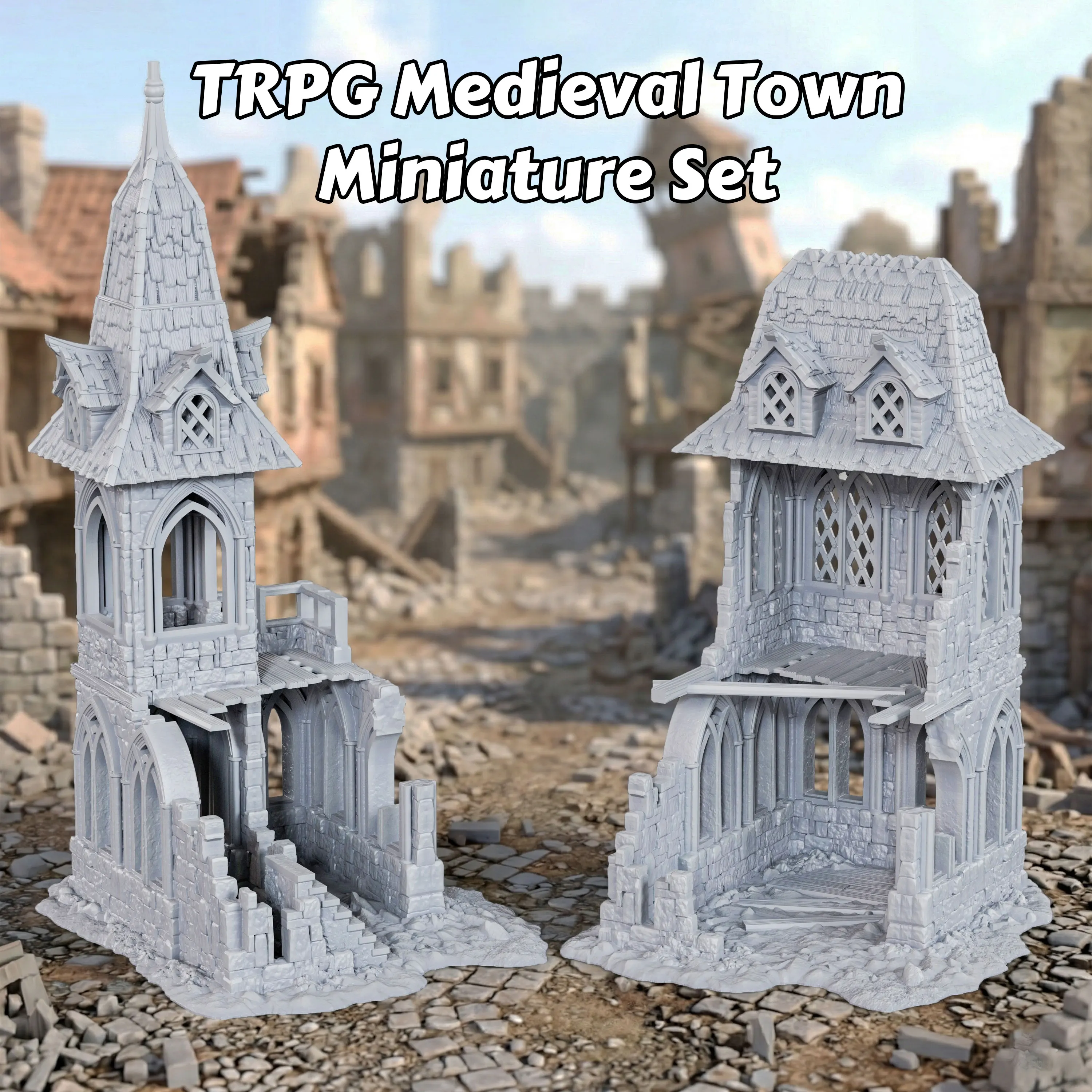 Medieval Ruins Buildings Terrain Set, 28mm 1:56 Scale, Multi-Style Assembly Diorama Kit, Durable TRPG Scenery for Tabletop RPGs