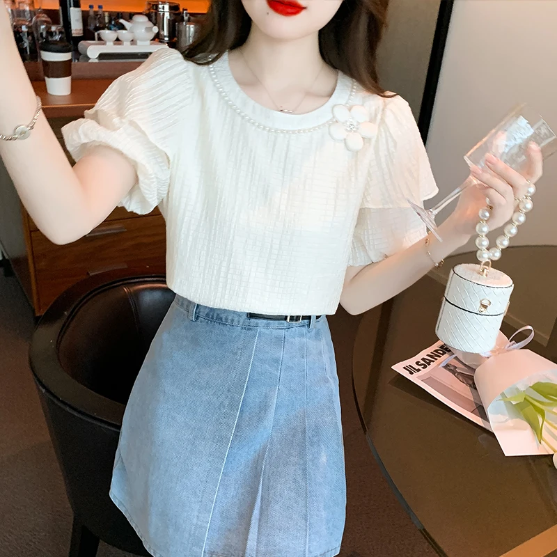 Fashion Short Sleeve O-Neck Women Blouse Casual Beading Chiffon Blouse Shirt Women Tops  Blusas Mujer De Moda 2024 Verano J628