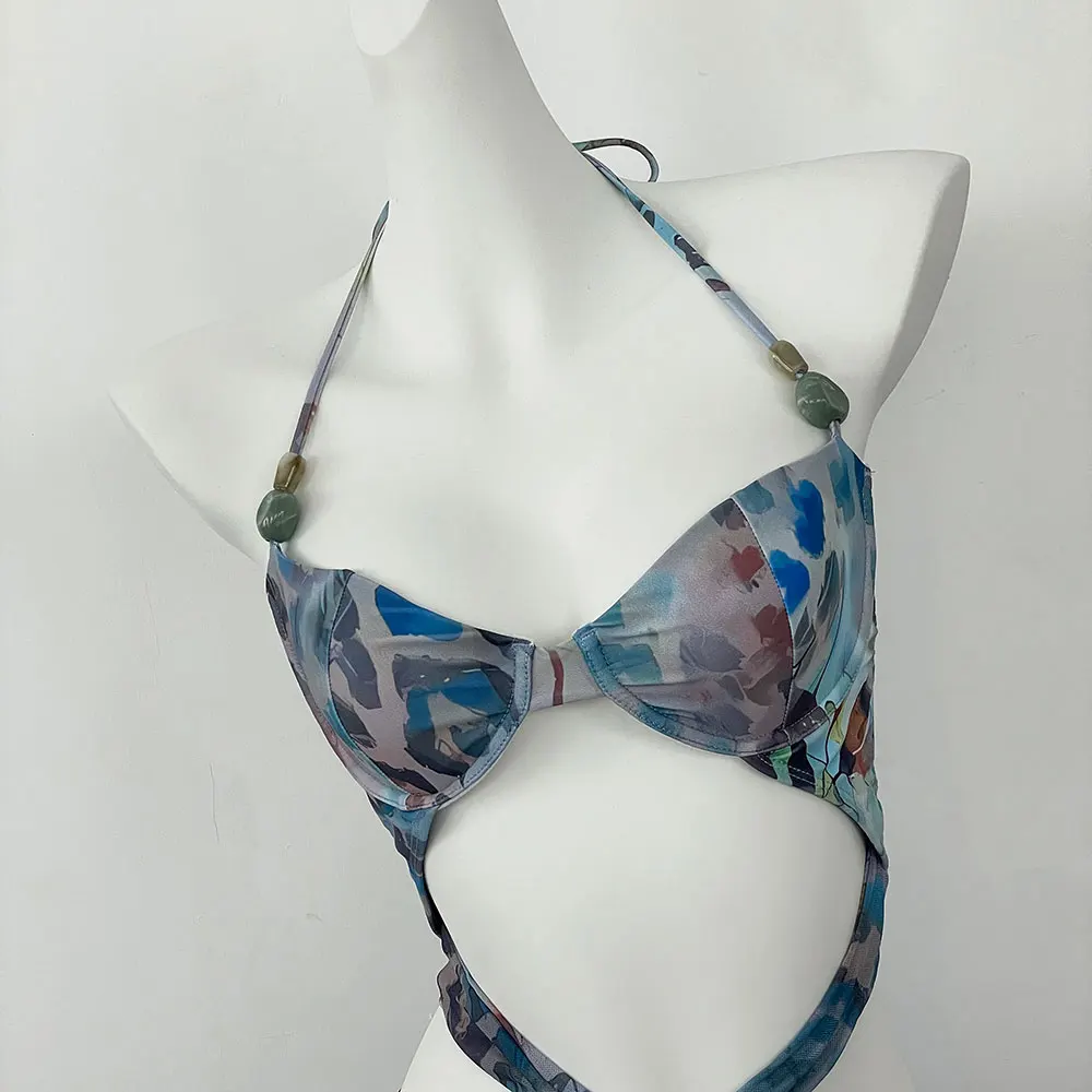SERENECHIC Halter Neck Biikini Set Sexy One-piece Swimwear with Skirt Cover Up Women's Bathing Suit Summer Vacation Beachwear