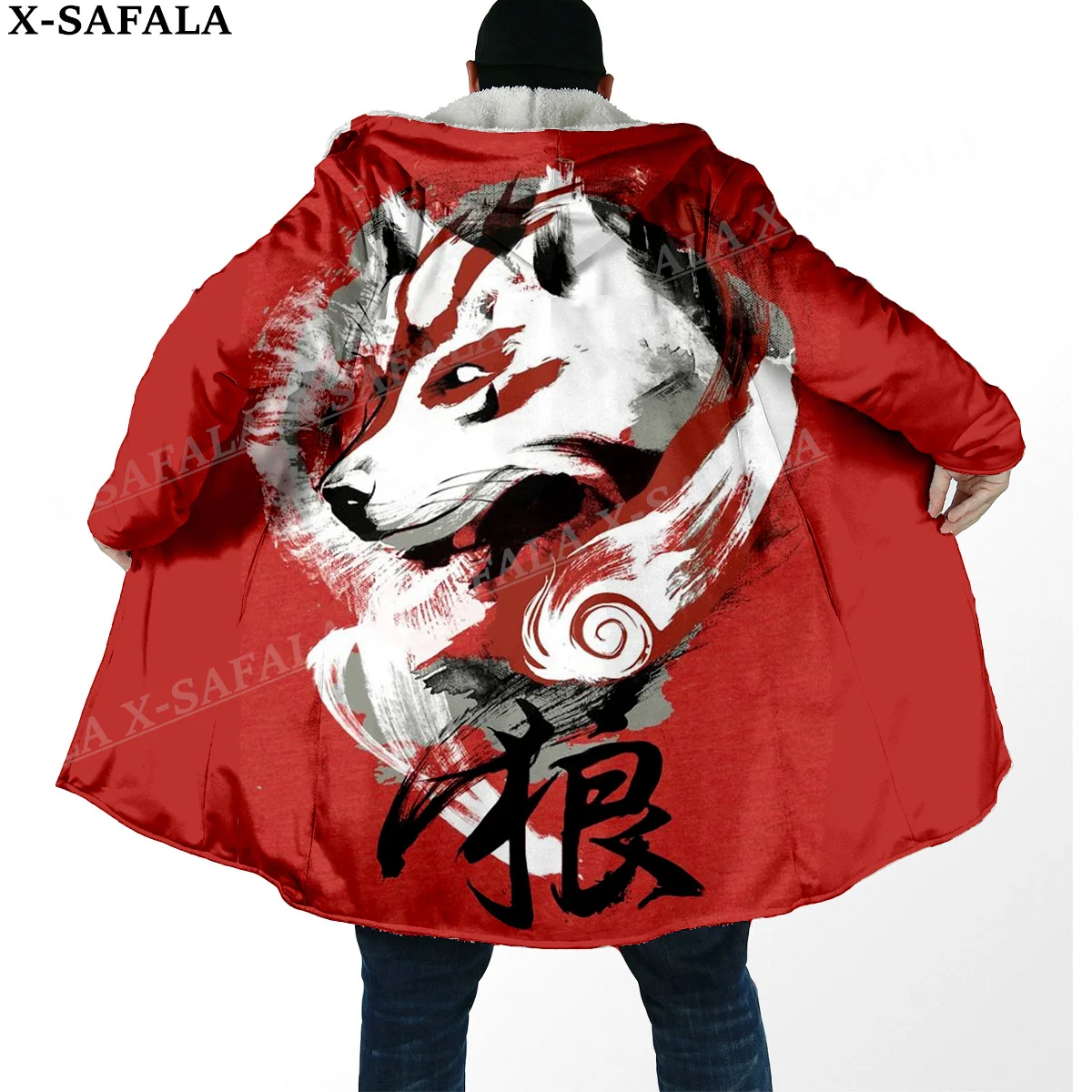 

Okami Wolf Tattoo Print Thick Warm Hooded Cloak Men Overcoat Coat Windproof Fleece Cape Robe Hooded Blanket-4