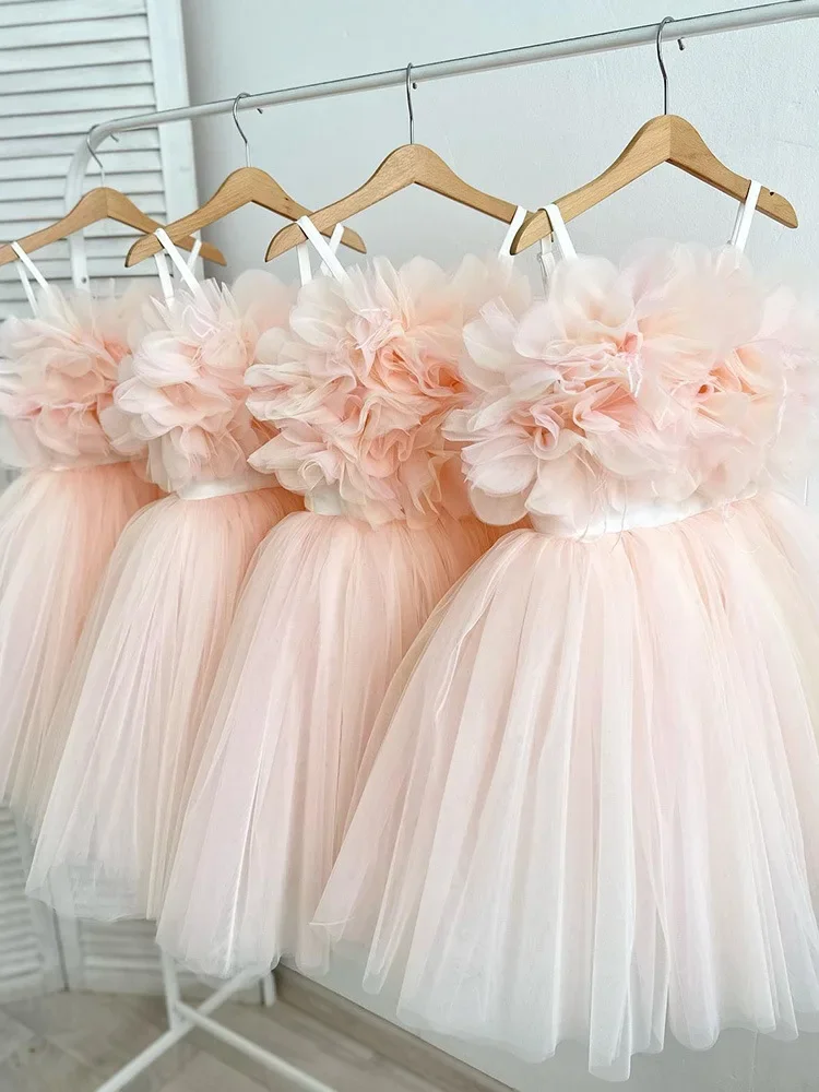 Girls Tulle Dress Kids Floral Ruffle Gown Princess Party Outfit Sleeveless Formal Wear Birthday Celebration Costume Elegant Pag