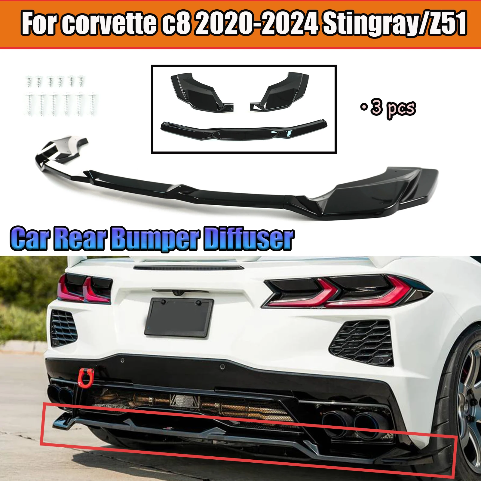 Car Rear Bumper Diffuser For Corvette c8 2020-2024 Stingray/Z51 Spoiler Splitter Body Kit Glossy Black Carbon Fiber Style