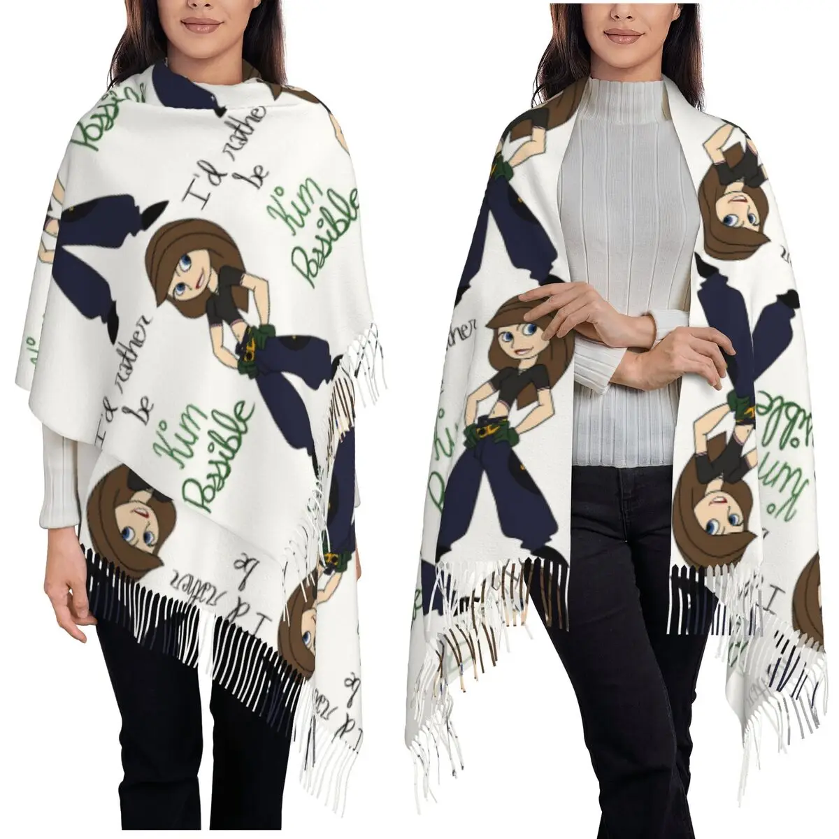 

Я бы предпочел быть Ким Possible, аниме-дизайнерский шарф, шарфы с кисточками для женщин, мягкие теплые шали и накидки, длинная осенне-зимняя шаль, накидка