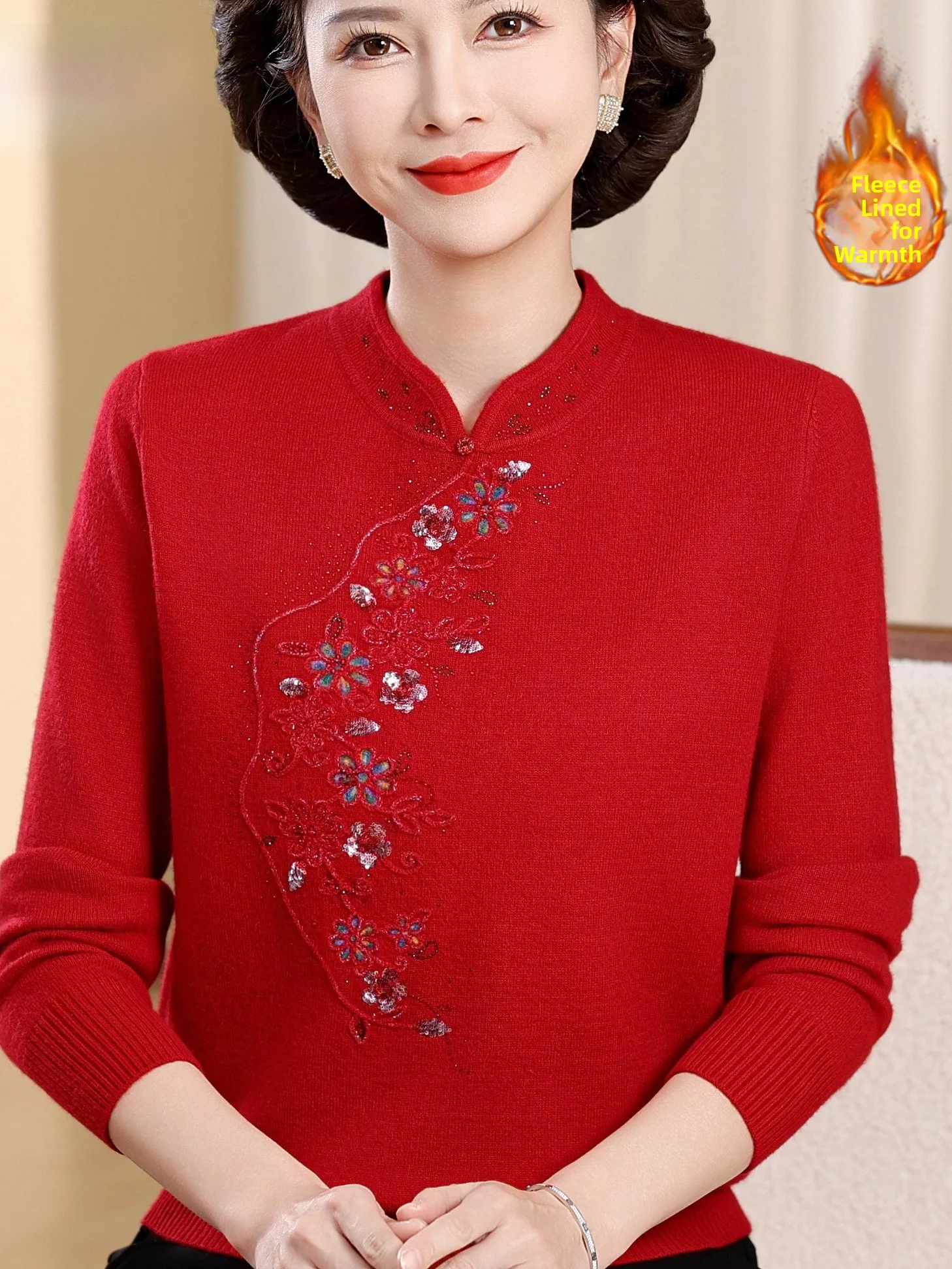 

Embroidered Fce Lined Traditional Chinese Sle irt Collar Sweater for Middle Aged And ly Women Luy Year Red Top