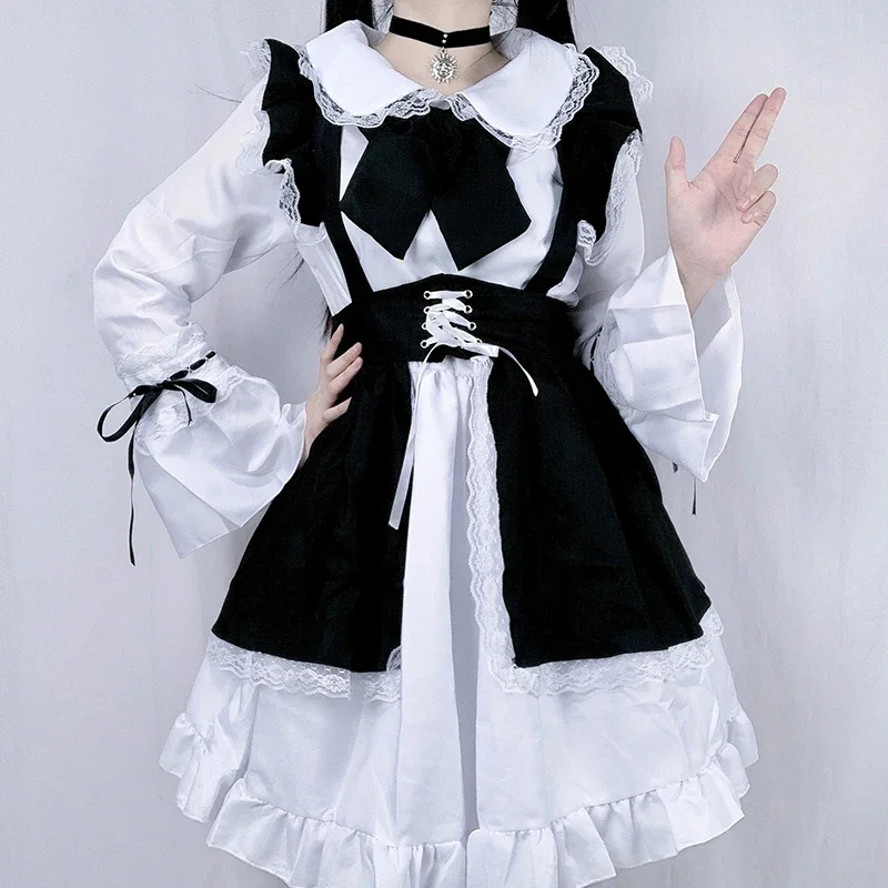 Traje de sirvienta Lolita para mujer, disfraz de cafetería erótico, vestido de uniforme blanco y negro, bonito vestido con lazo