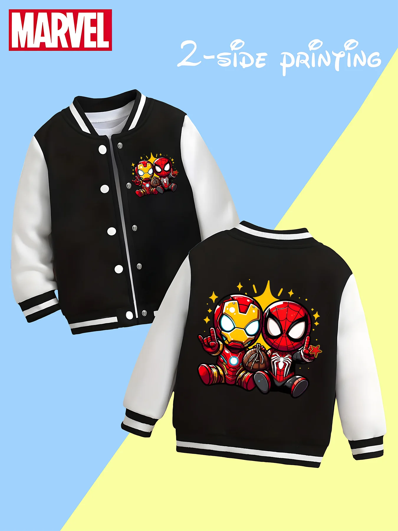 

MINISO Marvel Iron Man & Spider-Man Kids Baseball Jacket - Trendy black and white, soft and skin-friendly fabric, autumn and win