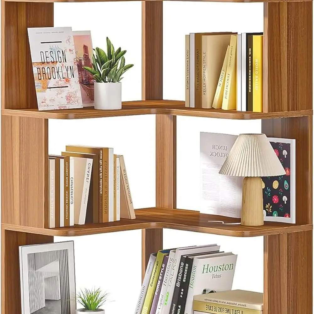 

L-Shaped 65 Tall Corner Bookshelf, 6-Shelf Storage Display Rack, Walnut Wood Grain for Home Office Living Room