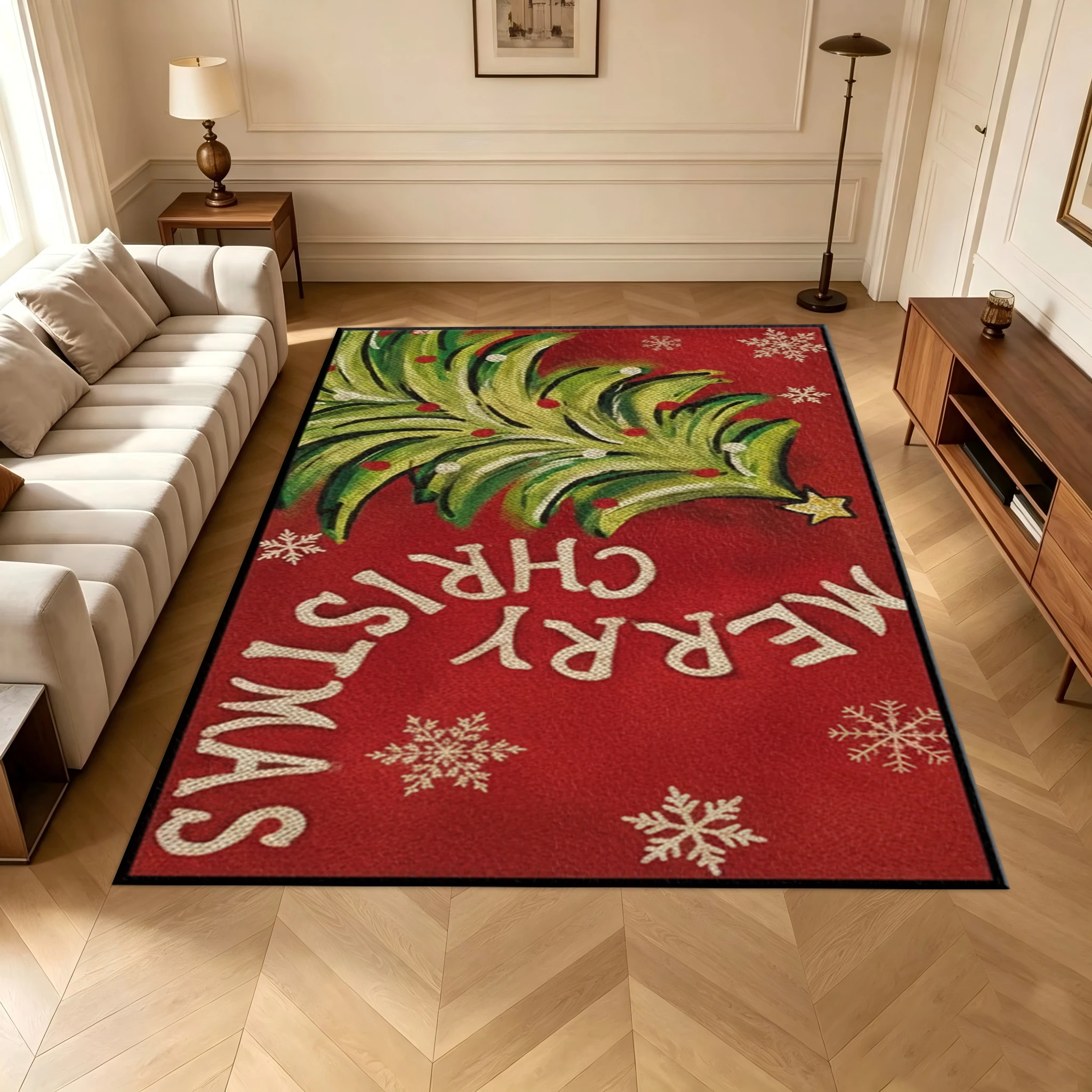 Merry Christmas Hand-Painted Christmas Tree Snowflake Carpet Red Background Floor Mat Holiday Home Decoration Carpet