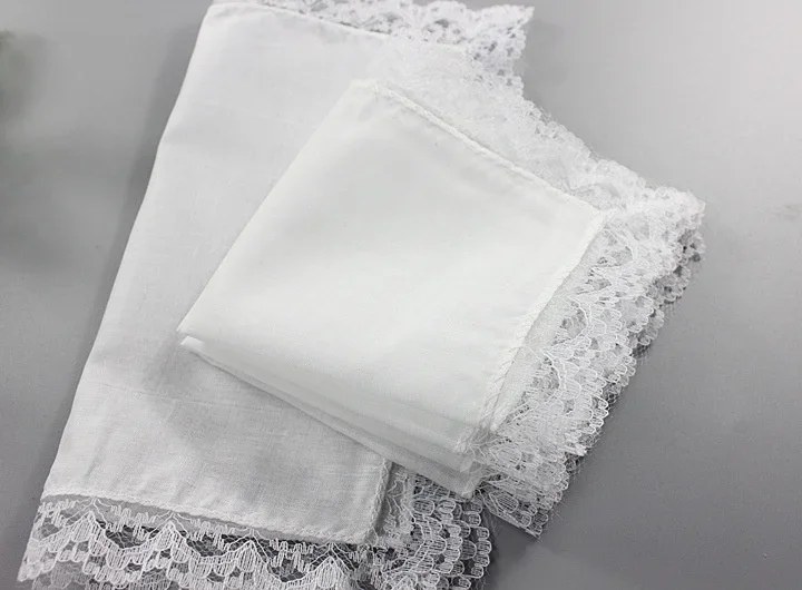 23 x 25CM Japanese Korean Cotton Ladies Handkerchief Pure White Handkerchief Small Square with Lace