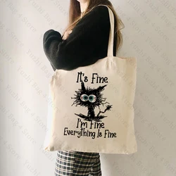 Cartoon Funny Cat Print Tote Bag I'm Fine Print Reusable Shopper Bag Versatile Shoulder Bag Gift for Best Friend Large Capacity