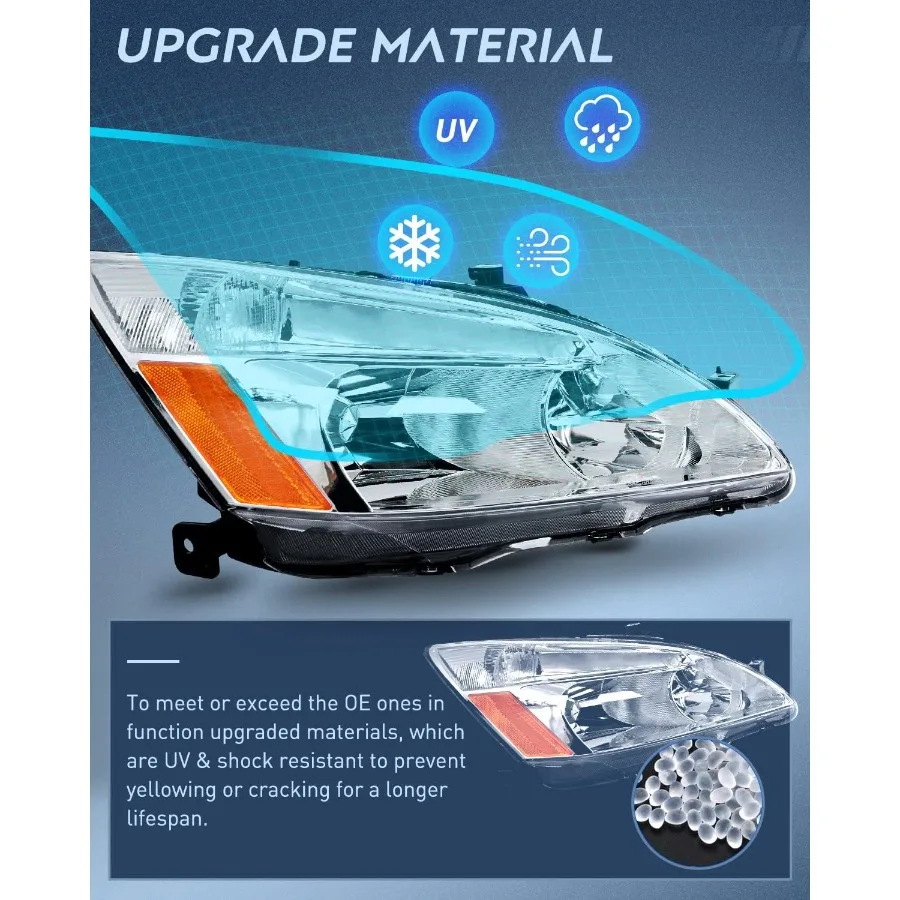 مجموعة المصابيح الأمامية للمصابيح الأمامية البديلة لـ 20032007 Accord مع مبيت من الكروم وعاكس كهرماني مثالي للقيادة الليلية و #5