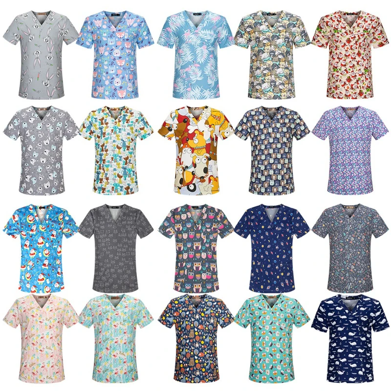 멀티 만화 인쇄 의사와 간호사 여성 v 넥 반팔 티셔츠 탑 바지 수술복 작업복 정장