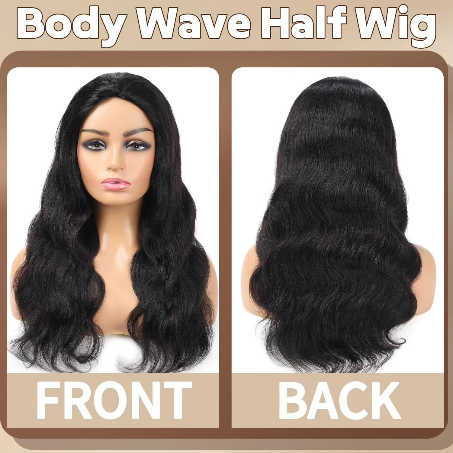 Body Wave Half Wig Human Hair 200% Density 3 In 1 Seamless Flip Over Glueless Wig with Drawstring Beginner Friendly Headband Wig