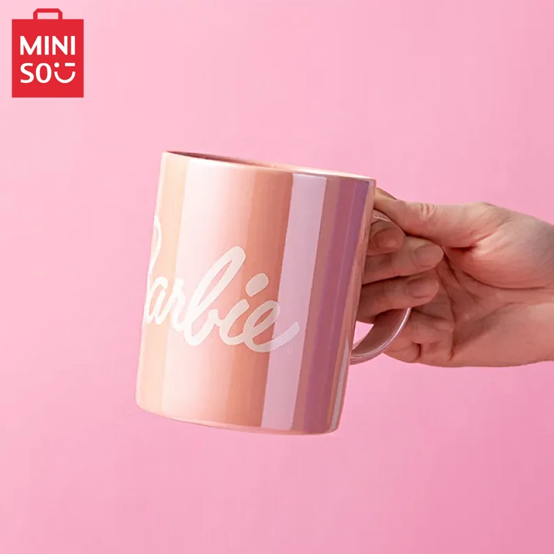 Miniso Daylight Sparkling Barbie Ceramic Mug Cute Pink Simple Letter Milk Large Capacity Mug 460Ml Kawaii Anime Coffee Cups