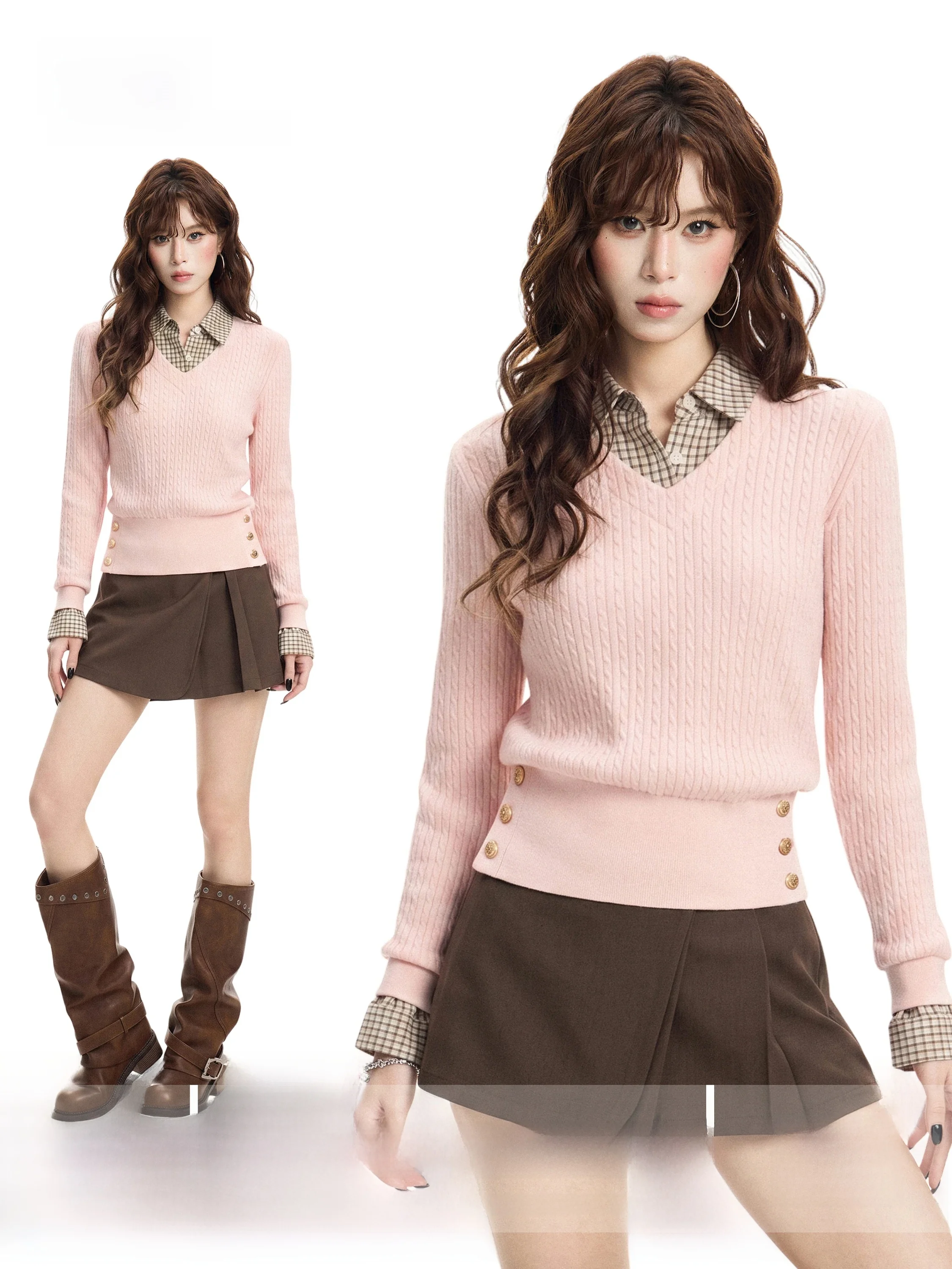 Pink  Neck Knitted Sweater Short Style Long Sleeve Women's Slim Fit Inner Wear Base Layer Shirt Commute Style Autumn Winter