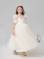 Summer A-line dress Girls  Sweet Kids Clothes Sheer puff sleeve Strap bow Mesh yarn Dresses for Girs children Party Dance Skirts