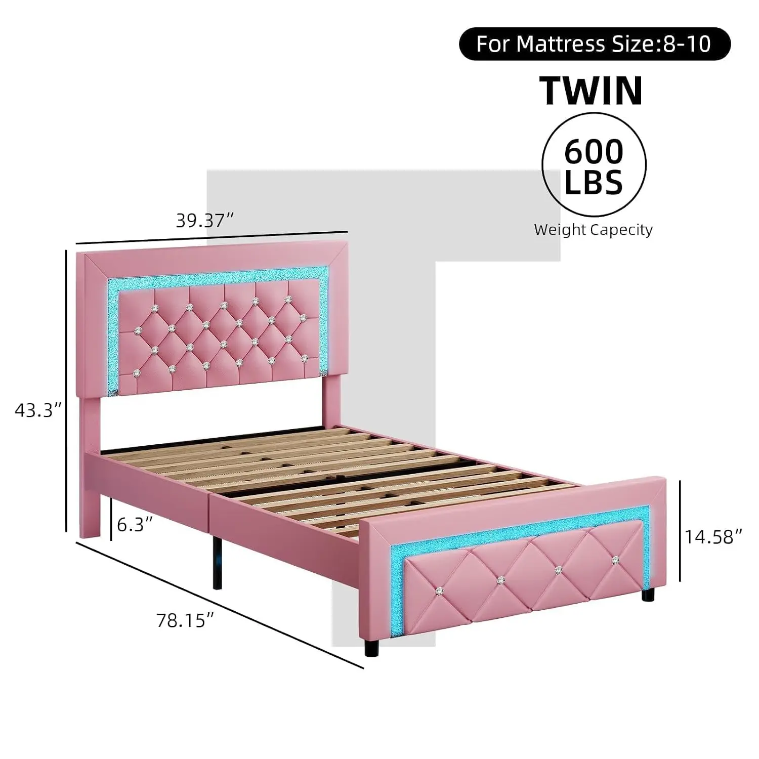 Twin Bed Frame LED Lights Tufted Headboard Pink App RGB Lighting PU Wood Slats No Box Spring, Customized