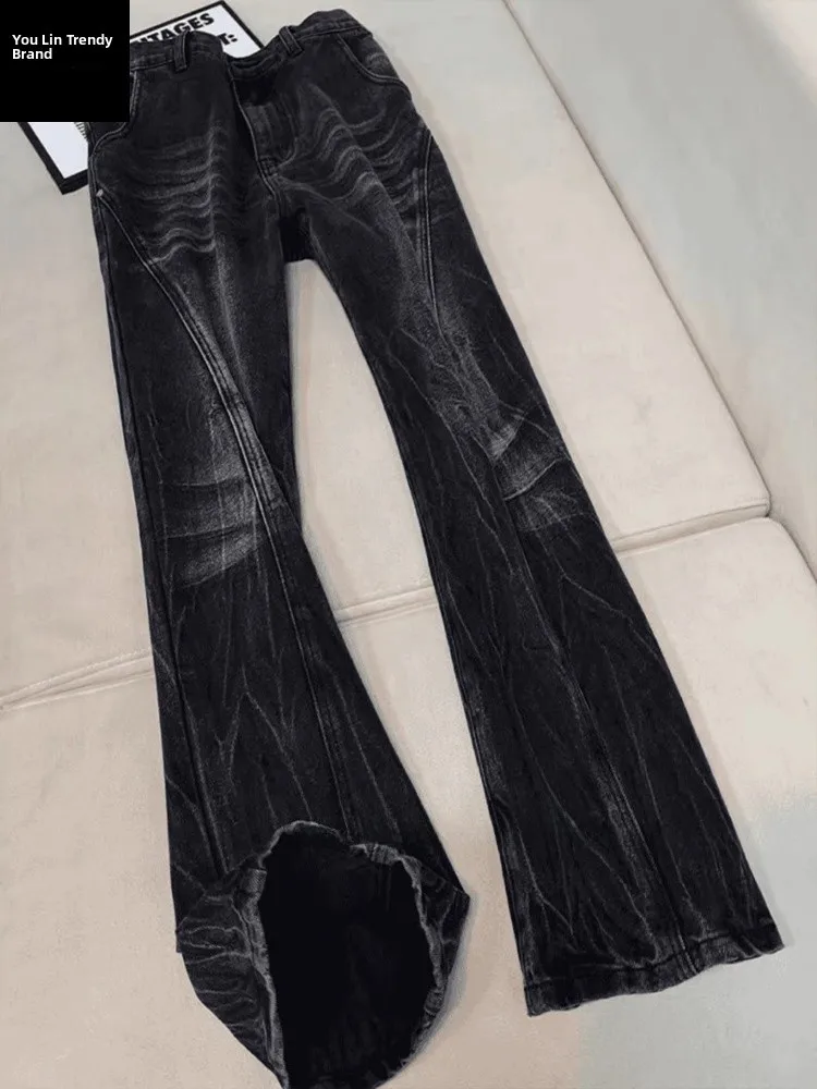 

Men's Straight Leg Jeans Side Slit Lightning Pattern High Street Autumn Winter Slim Fit Bootcut Denim Pants Youth Faion