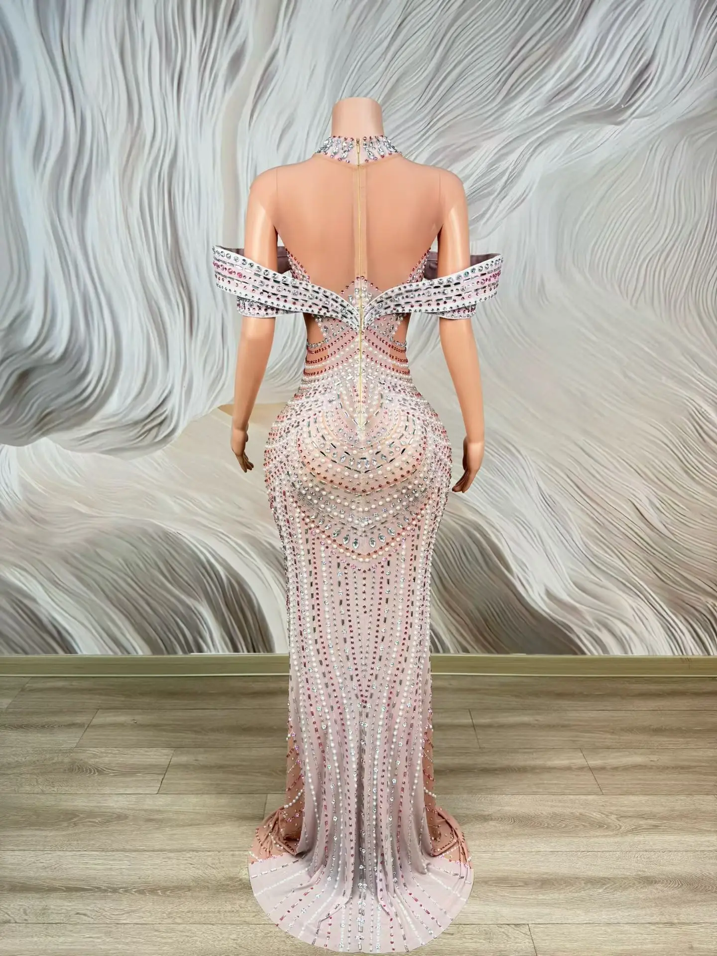 Tiantianquan Luxury Women Dubai Evening Gown Sparkling Pearl Diamond Sheer Mesh Dress Wedding Dress Birthday Cocktail Dress