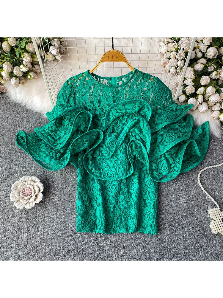 

Women‘s Summer Blouse 2025 New Elegant Lace Casual Double-layer Ruffle Edge Short Sleeved Top Slim Fit Slimming Blusa BL163