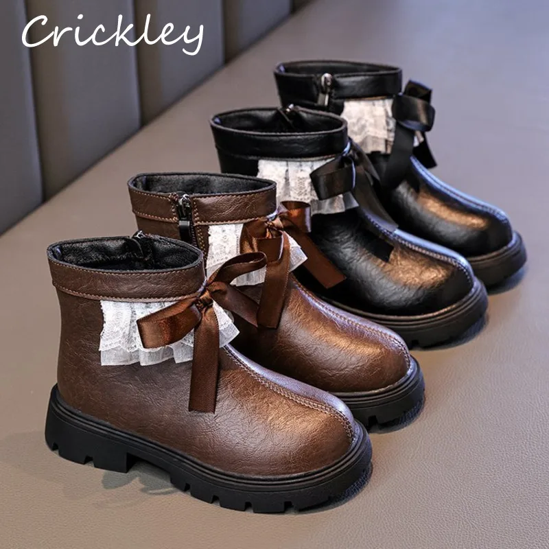 

Ботинки челси с бантом для девочек, однотонные детские ботильоны принцессы из искусственной кожи с кружевными оборками, весенне-осенние нескользящие модные ботинки на молнии для детей