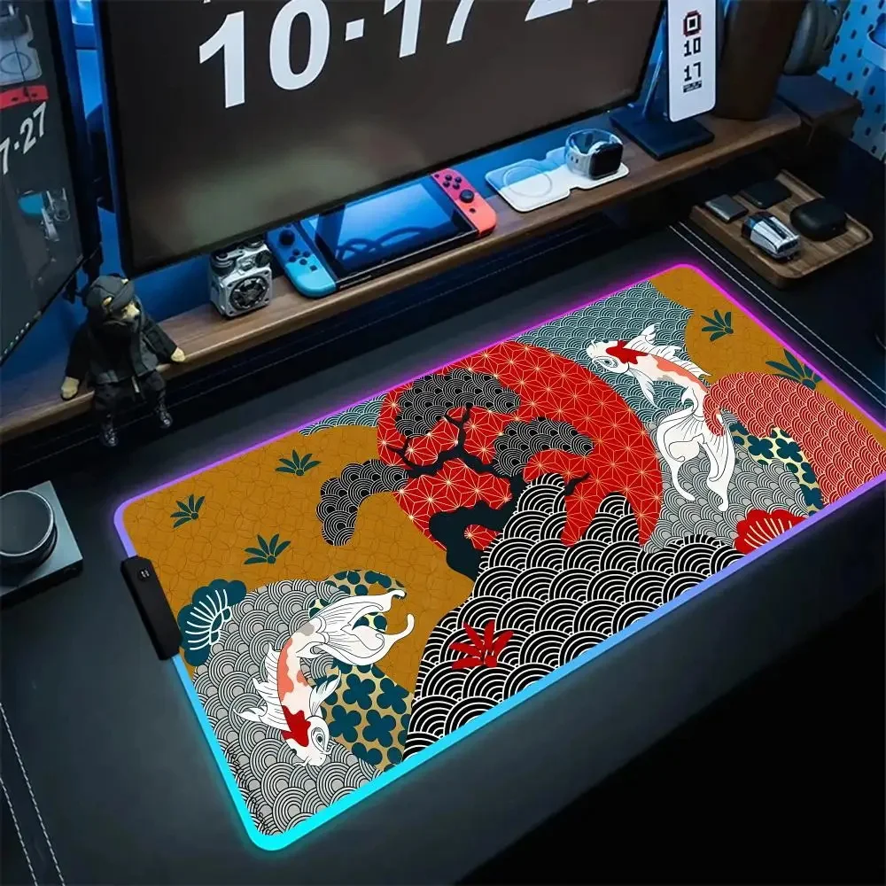 

Xxl Gaming Deskmat Kawaii RGB Mice Pad Desk Decor Anime Aesthetics Desk Mat Japanese LED Desk Mat Koi Fish Luminescence Mousepad