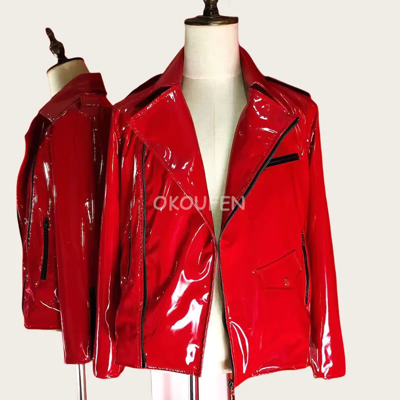 New Men's Red Patent Leather Jacket Motorcycle Punk Leather Coat Nightclub Male Singer DS Stage Costumes