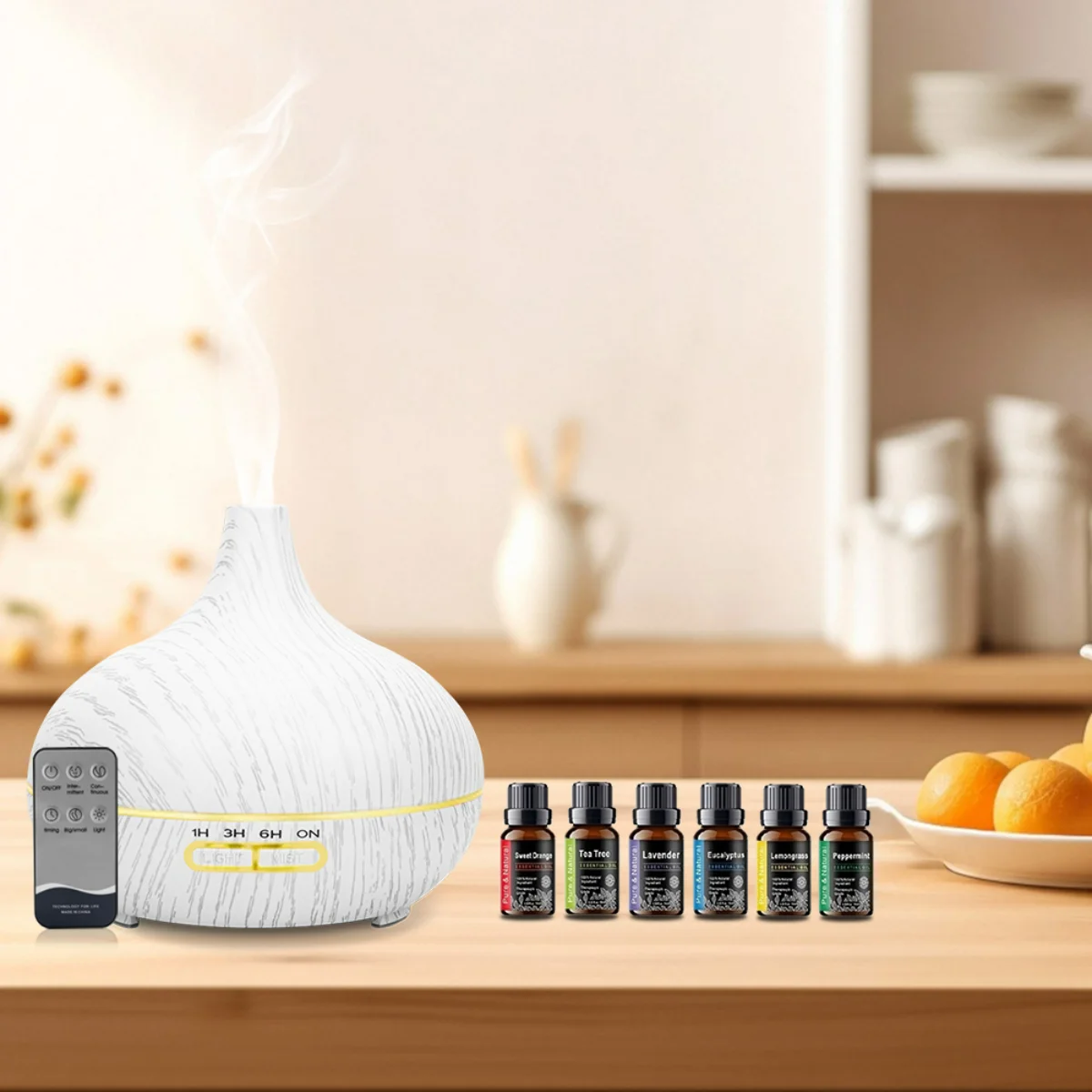 

Wood Grain Essential Oil Diffuser 550ml Ultrasonic Humidifier, Remote Control, 6 Premium Oils, Whisper Quiet for Bedroom & Offi
