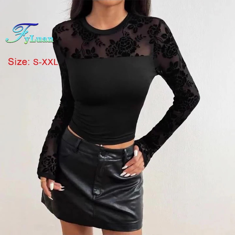 

2025 New Solid Color Women's T-Shirt Lace Splicing Round Neck Long Sleeve Slim Top Fashion Versatile Base Layer Female Crop Top