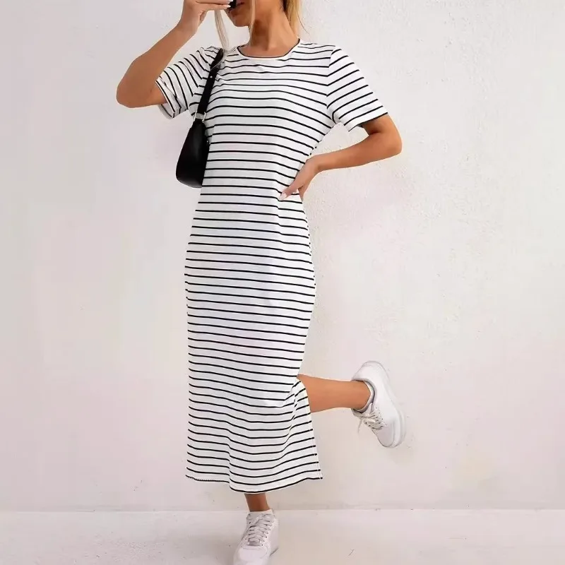 

The New Spring and Summer AliExpress Cross-border Slit Design Women's Fashionable Striped Dress Is Casual Fashionable and Simple