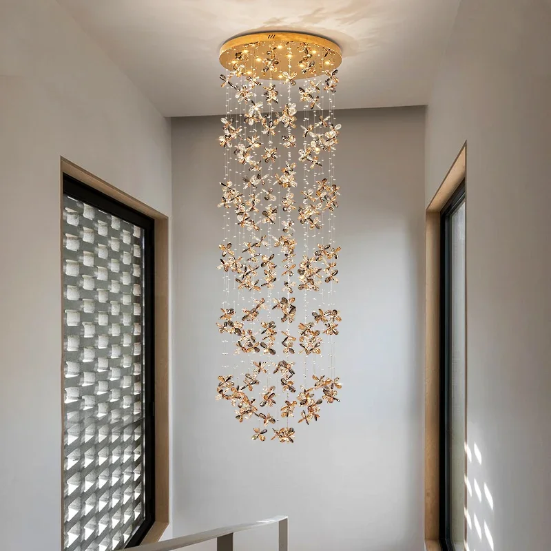 Modern Crystal Pendent Ceiling Light Staircase Drop Lighting Designer Villa Lobby Living Room Chandelier