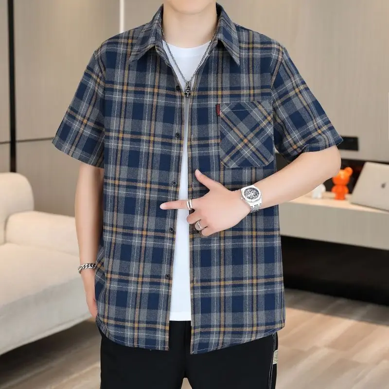GELITAYIN Summer Men's Short Sleeve Shirt Casual Turn-Down Collar Business Regular Fit Plaid Shirts Breathable Loose Anti-wrinkl