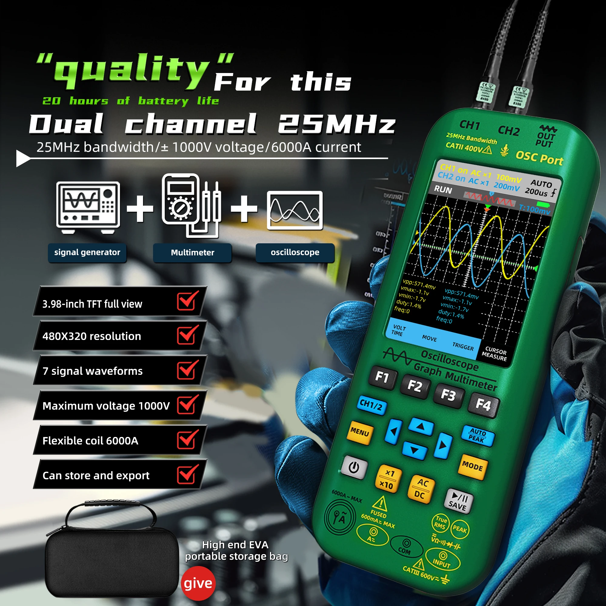Imagem -02 - Bside-handheld Multímetro Digital Mais Função Handheld Gerador de Sinal Dual Channel Tester Atual 3-en1 25mhz Vol 6000a