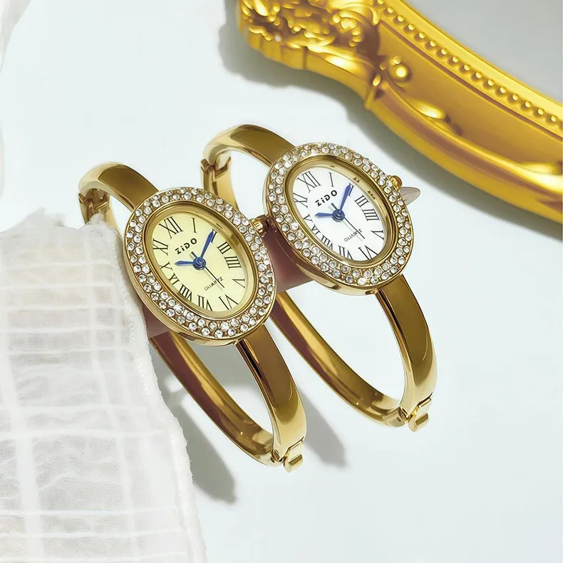 

Light luxury niche design High Quality Top Quartz Women Watches Rose Gold Circle Watch Women oval bracelet Steel Clock Relogio