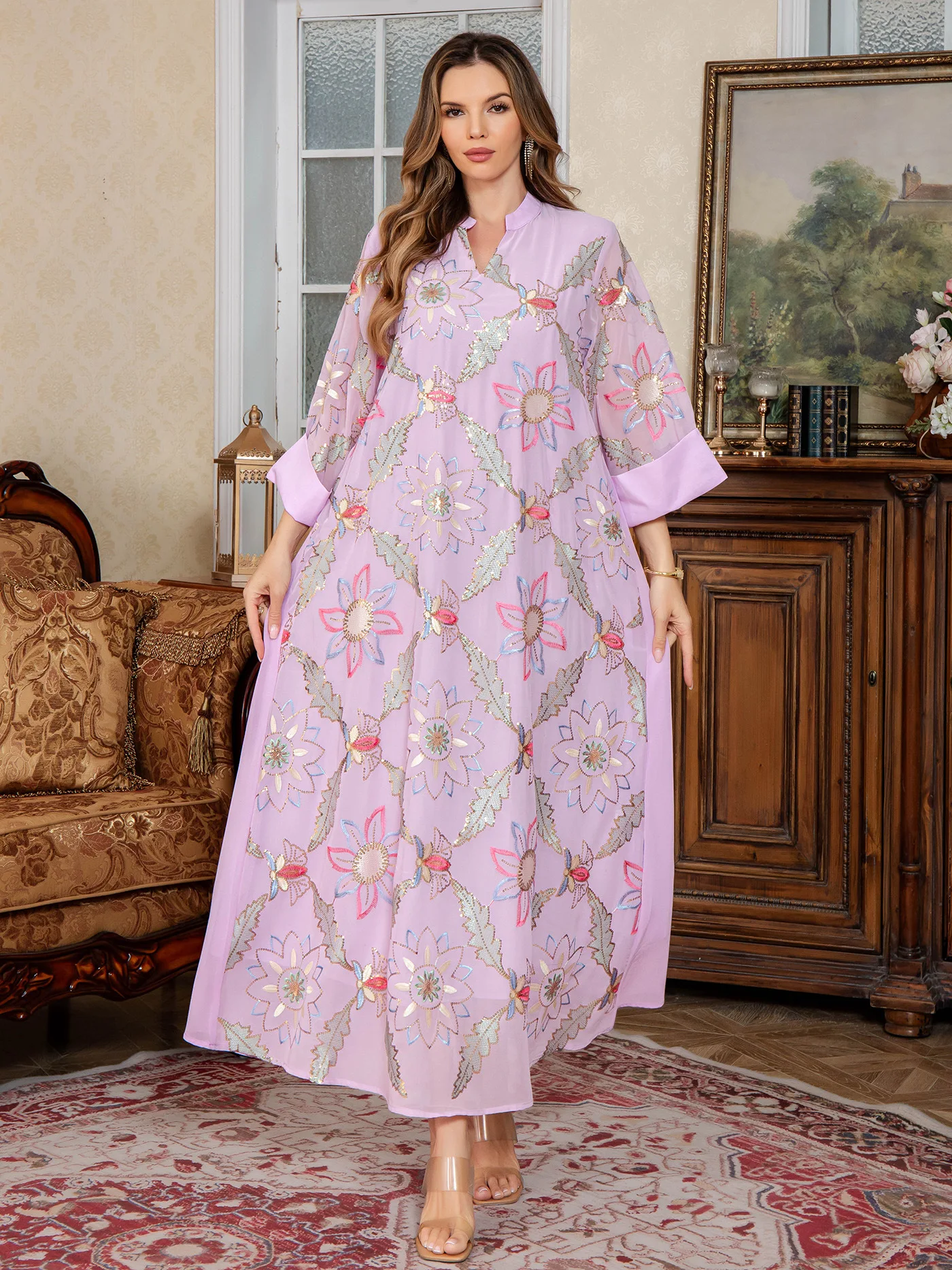 2025 Women's Casual Trendy Embroideried Loose Basic Elegant Sequined Dresses Female Abaya Clothes Middle East Muslim New Fashion