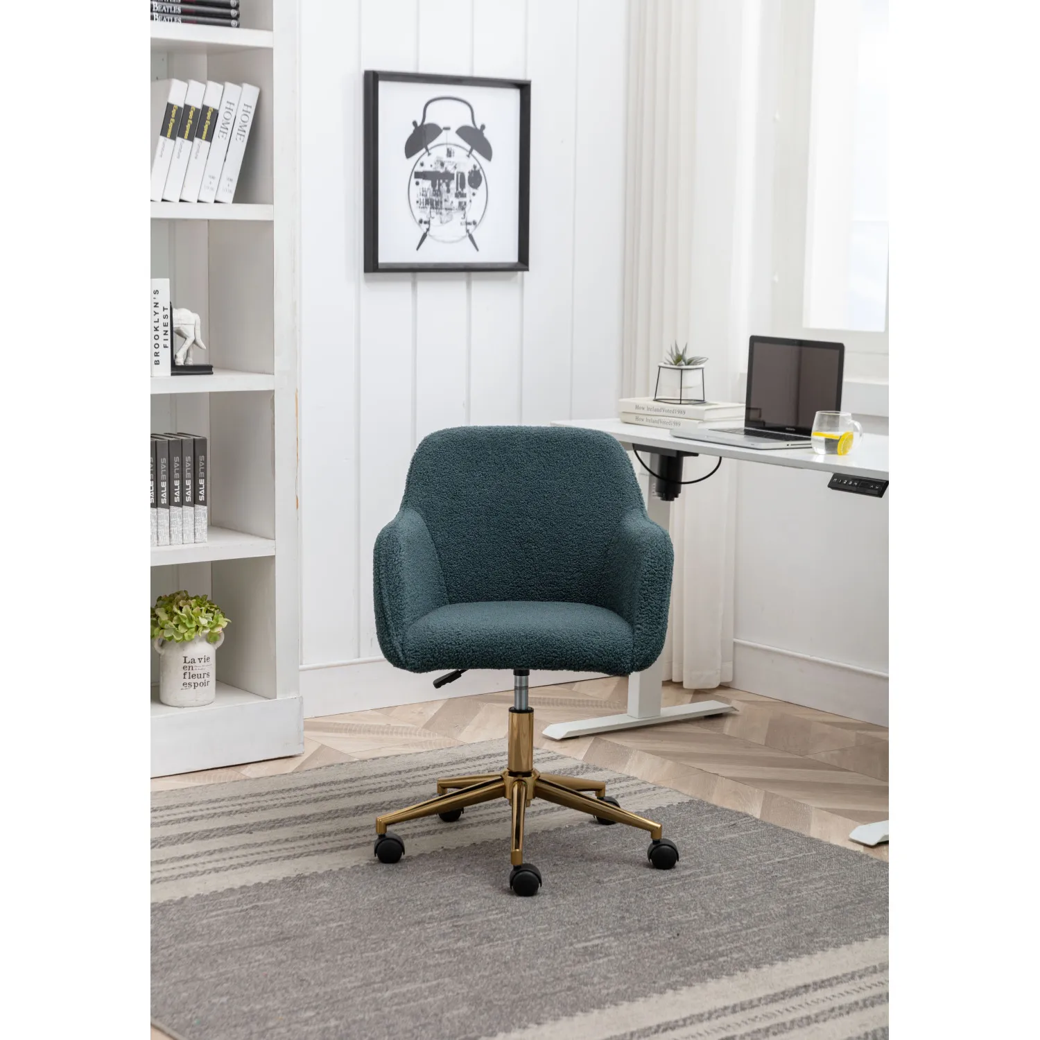 Modern Teddy Fabric Adjustable Height Office Chair with Gold Metal Legs, 360° Revolving & Universal Wheel, Green