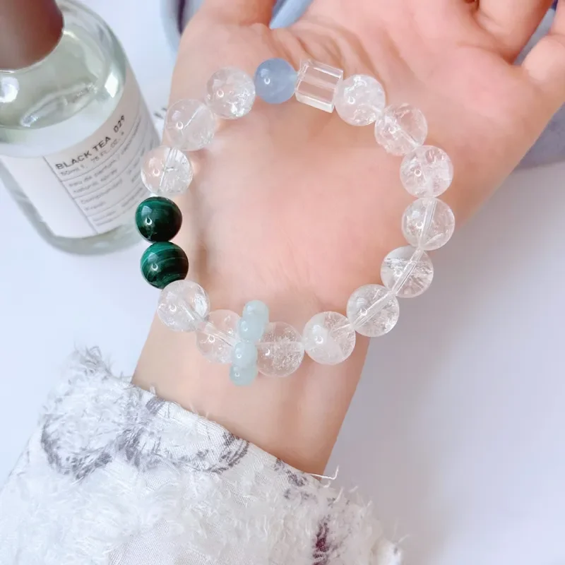Natural white crystal 10mm white Asai with aquamarine single bead women's bracelet, fashionable and fresh multi-treasure