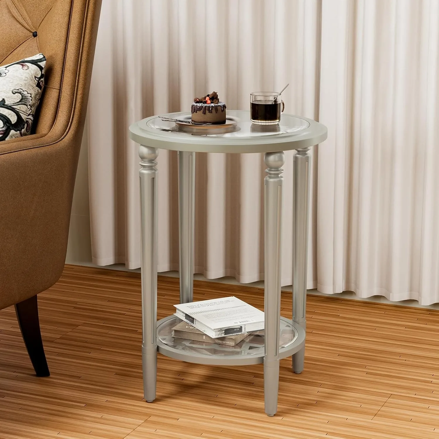 Modern End Table w Glass Top & Glass Shlef, 2 Tier Round Nightstand w Shlef, Wood Side Table Glass Small Accent Table