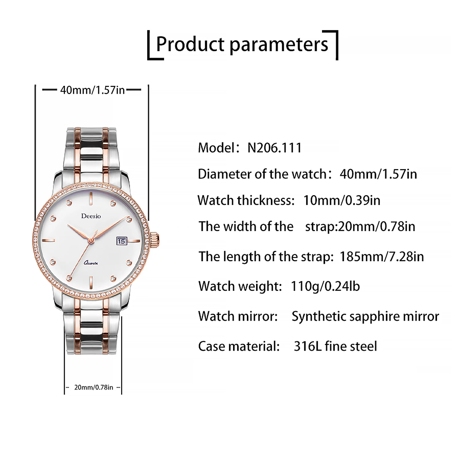 Deesio Orologi al quarzo da uomo Acciaio inossidabile resistente all'acqua Business di lusso Casual Lancette luminose Visualizzazione della data Regalo di nozze