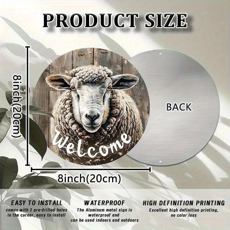 1pc 20.32x20.32 cm Round Aluminum Welcome Sign with Sheep Design - Rustic Wood Look, UV-Resistant & Scratch-Proof, Easy to Hang