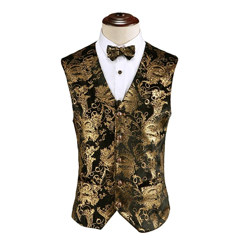 New Men Luxury Wedding Suit Vest Gold / Silver / Red Fashion Male Gold Velvet Embossed Waistcoat