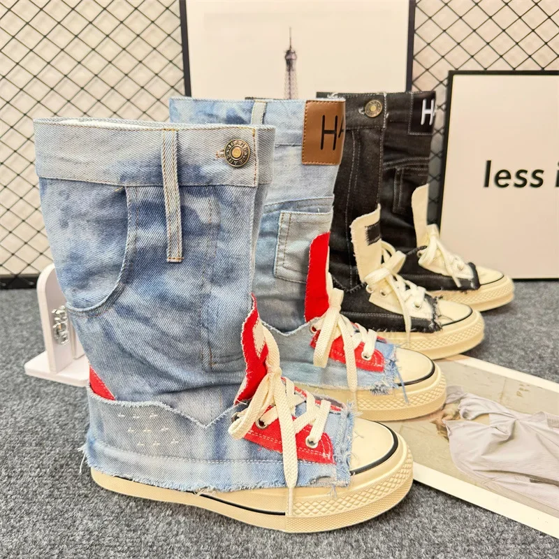 

2026 Hot Seller Washed Denim Mid-Calf Casual Sandals Womens Holiday Style Street Trainer Leisure Shoes Rubber Sole Summer Season