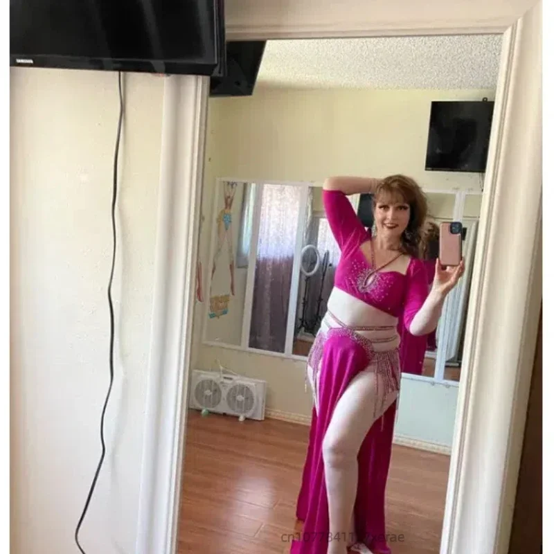 Traje de dança do ventre para mulheres, blusa de manga curta com saia de fenda dupla, conjunto de borla para performance de dança do ventre feminino