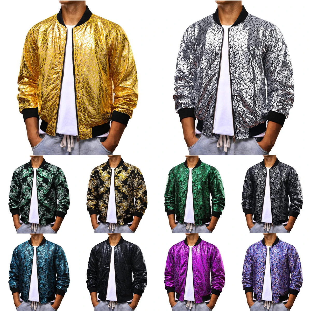 

Barry Wang Silk Jackets for Men Long Sleeve Gold Silver Blue Green Black Purple Red Streetwear Zip Up Coats Windbreaker Blazer