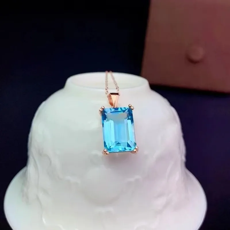 

Natural Topaz Necklace Pendant with Certificate 10mm*14mm Emerald Cut Topaz Pendant 925 Silver Blue Gemstone Jewelry