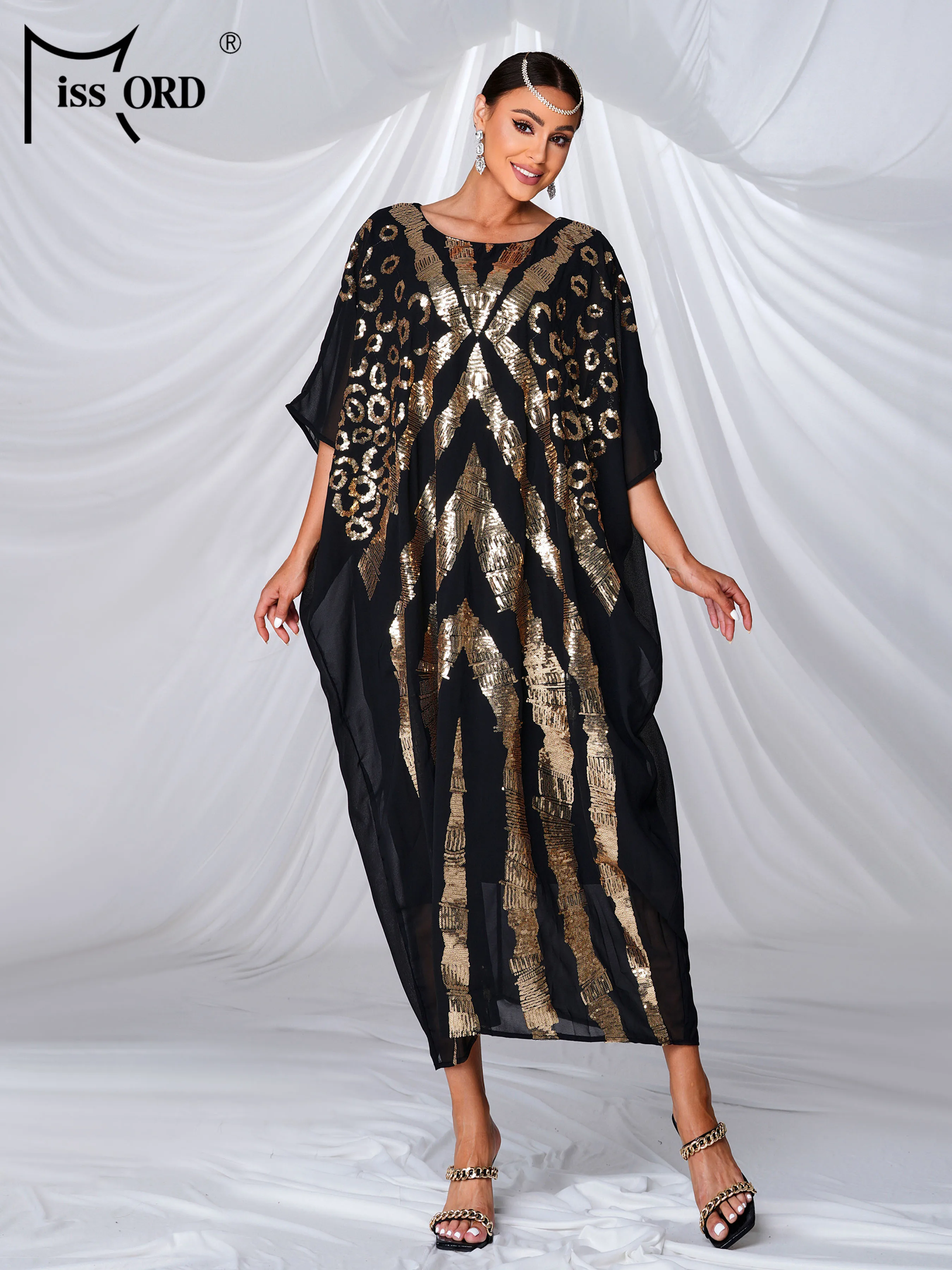 Missord nuevo negro verano suelto cuello redondo musulmán Medio Oriente alta calidad lujo elegante mujer vestido de fiesta