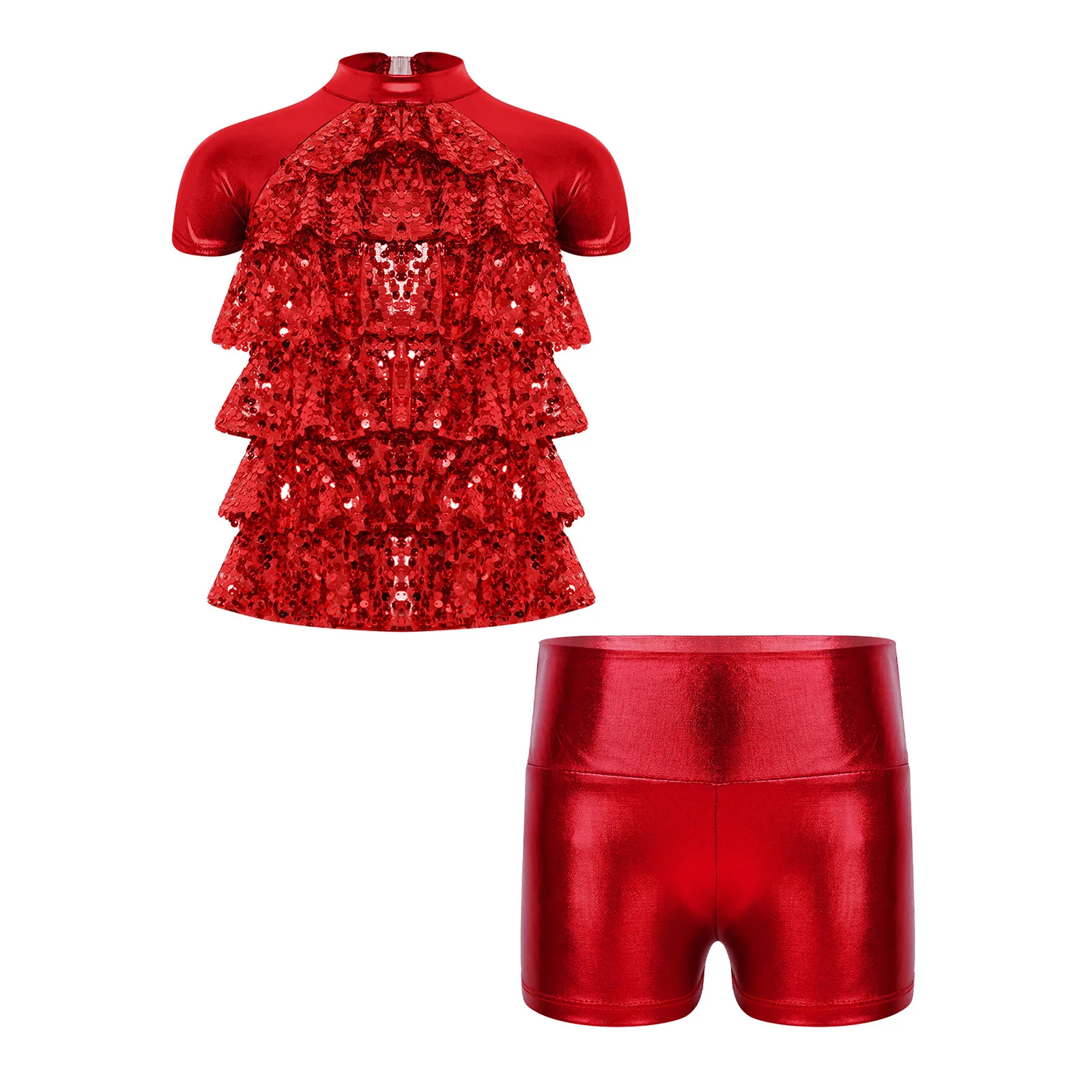 Kids Girls Metallic Modern Jazz Dance Outfit Short Sleeve Sequins Tiered Ruffle Top with Shorts Cheerleading Hip Hop Streetwear 3
